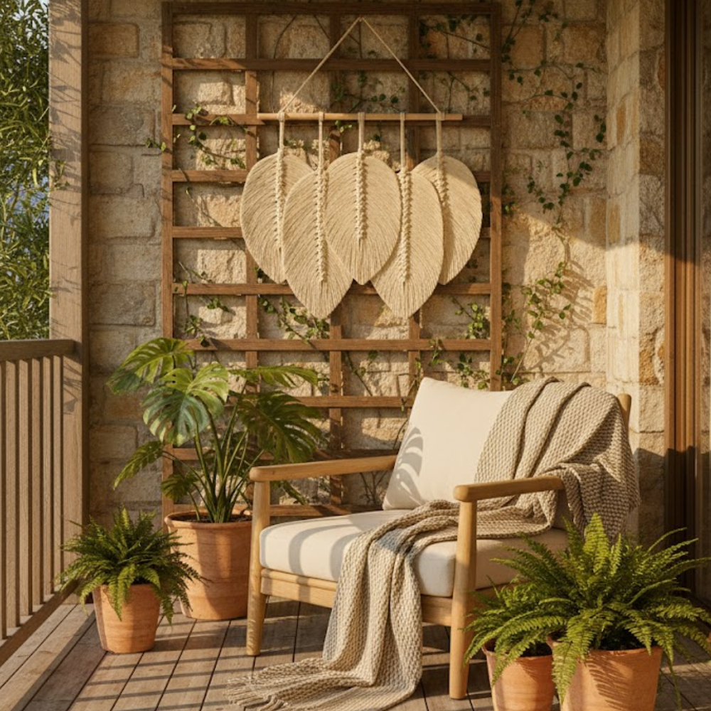 Small macrame leaf wall hanging front view in cream cotton