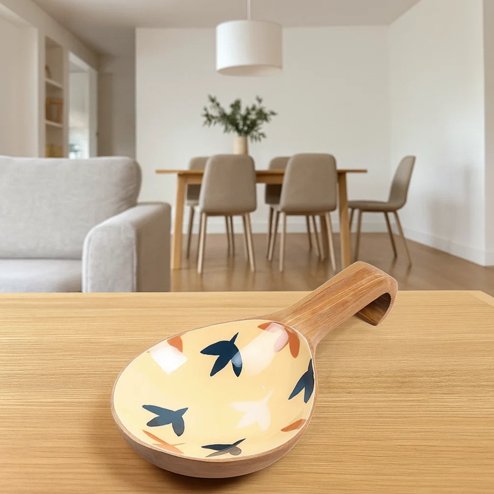 Enamelled wood platter side view