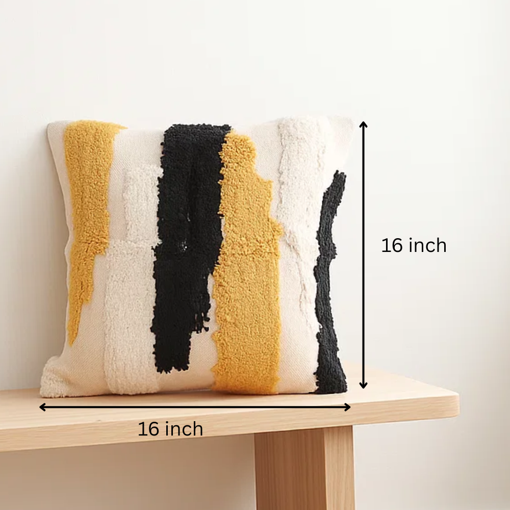 Tufted multicolor cushion cover paired with other cushions
