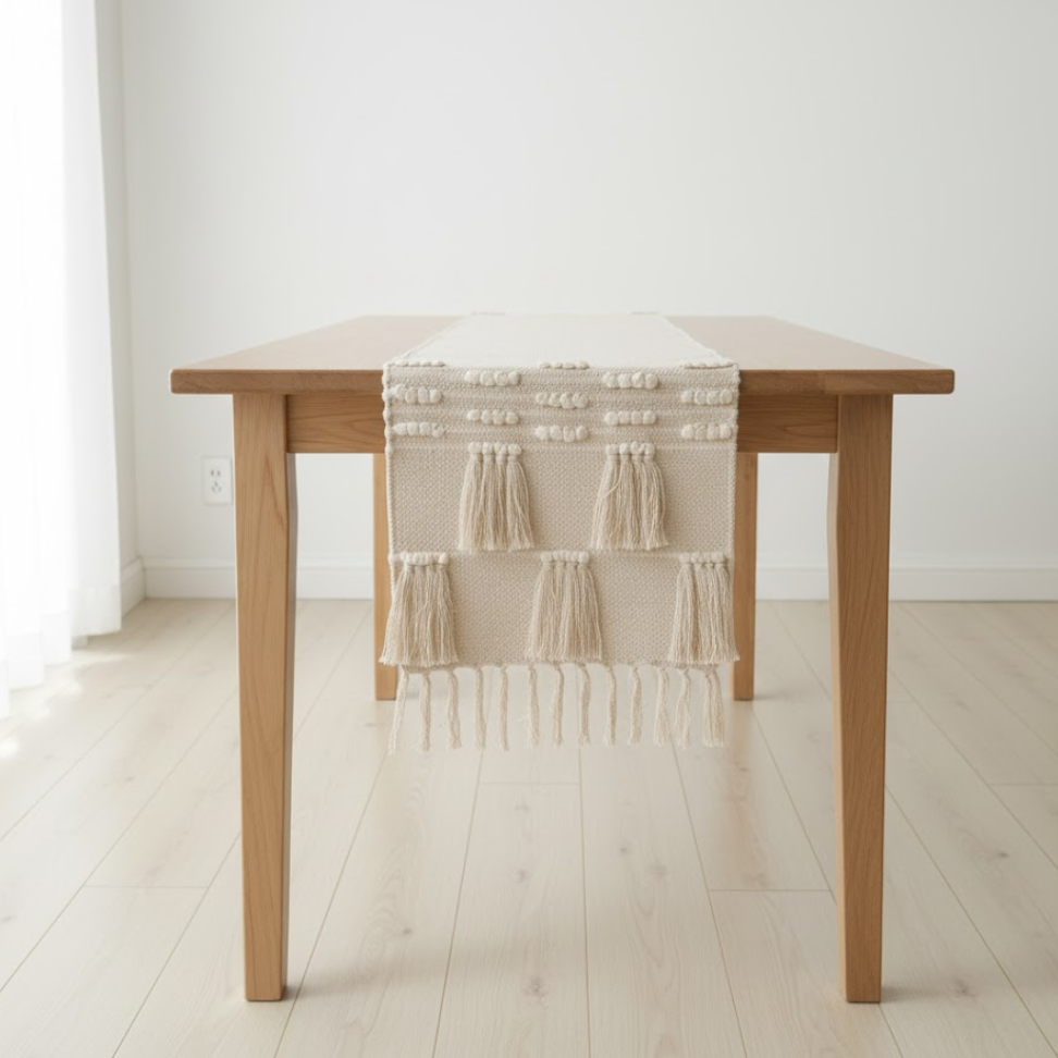 Beige cotton table runner folded detail