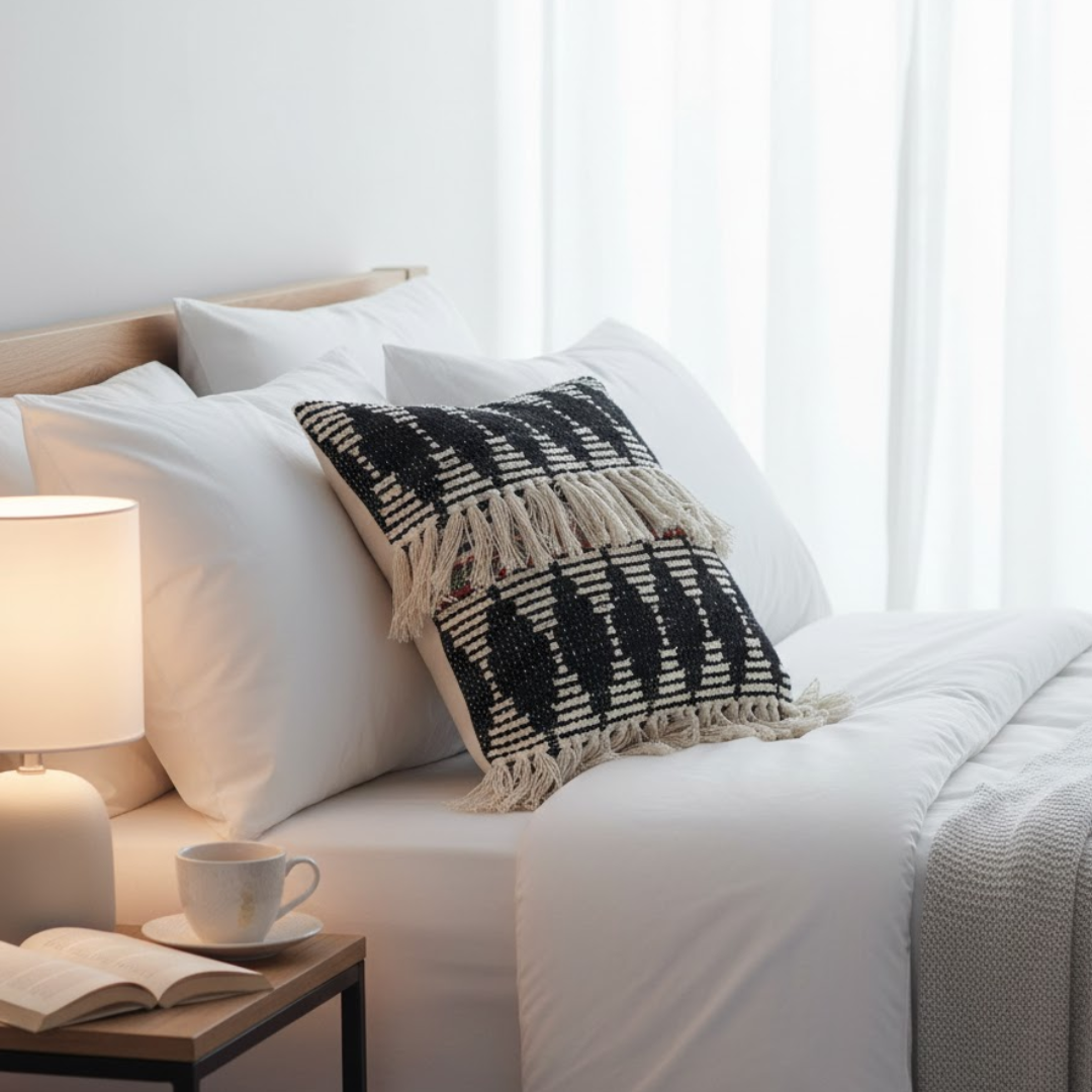 Textured tassel cushion cover detail of cotton weave