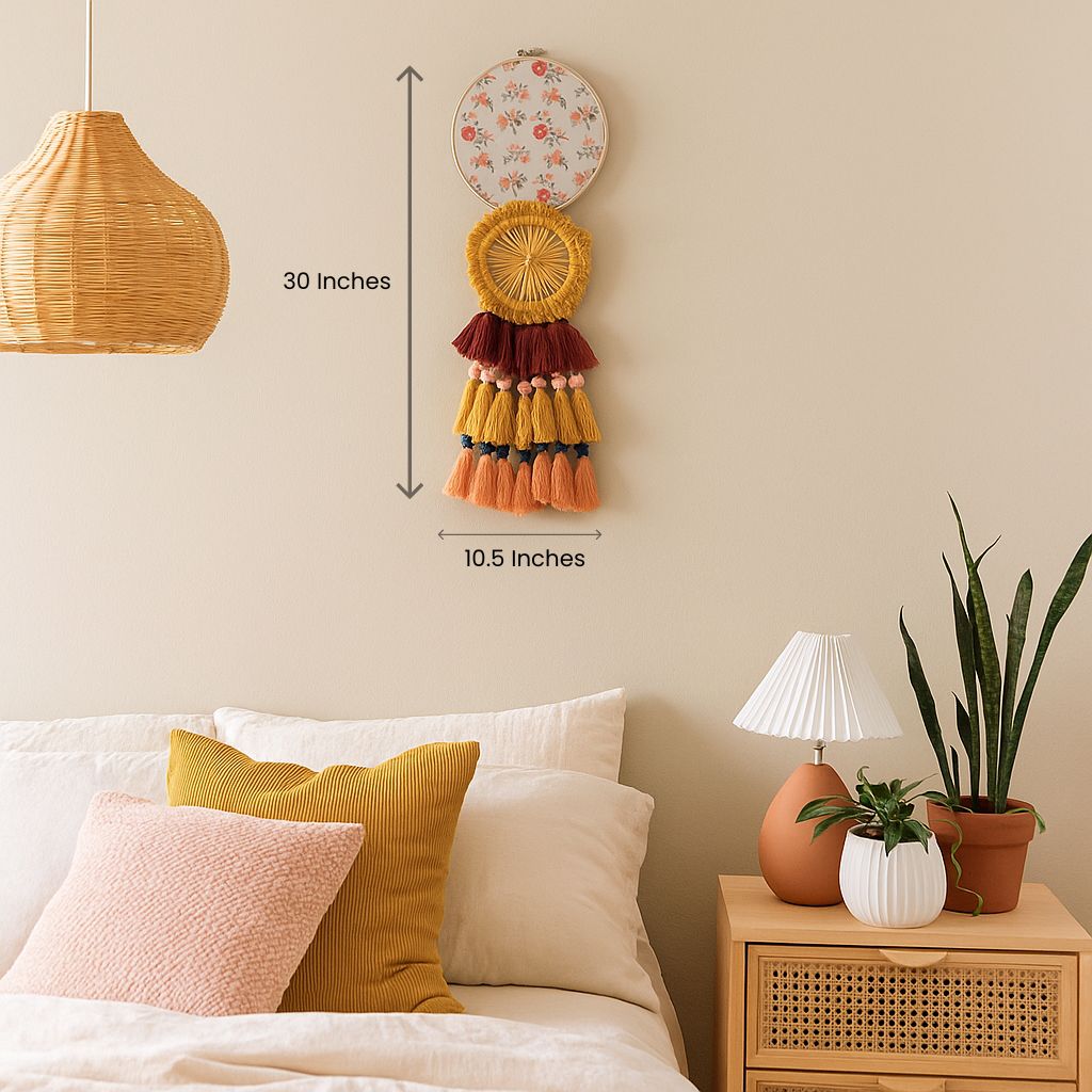 Floral boho dreamcatcher styled in a soft bedroom