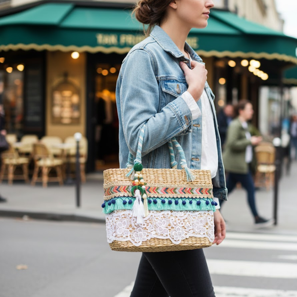 Lace Work Basket Woven Cane Turquoise Handbag – Handcrafted Eco-Friendly Cane Basket Bag