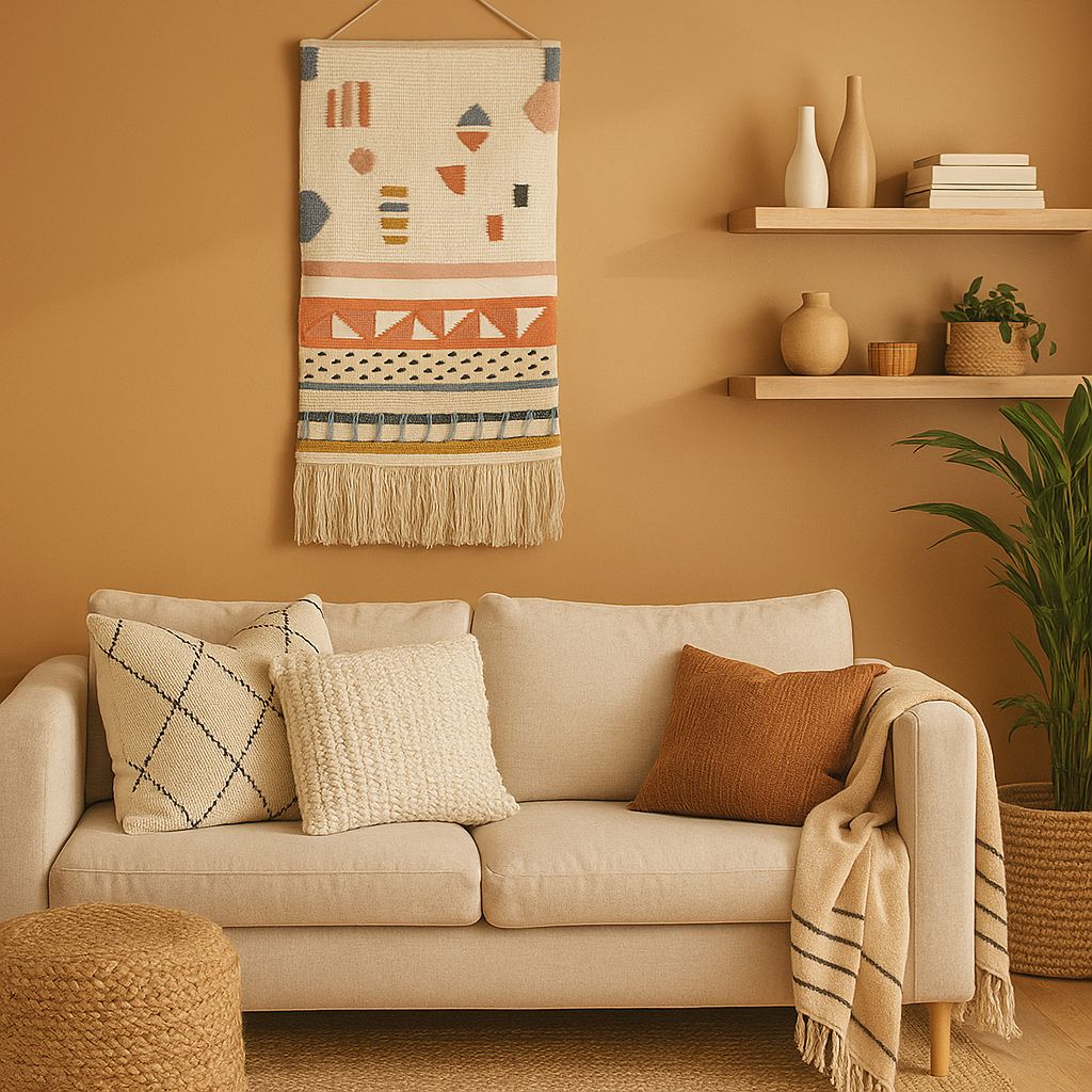 Large tufted wool wall hanging shown at an angle