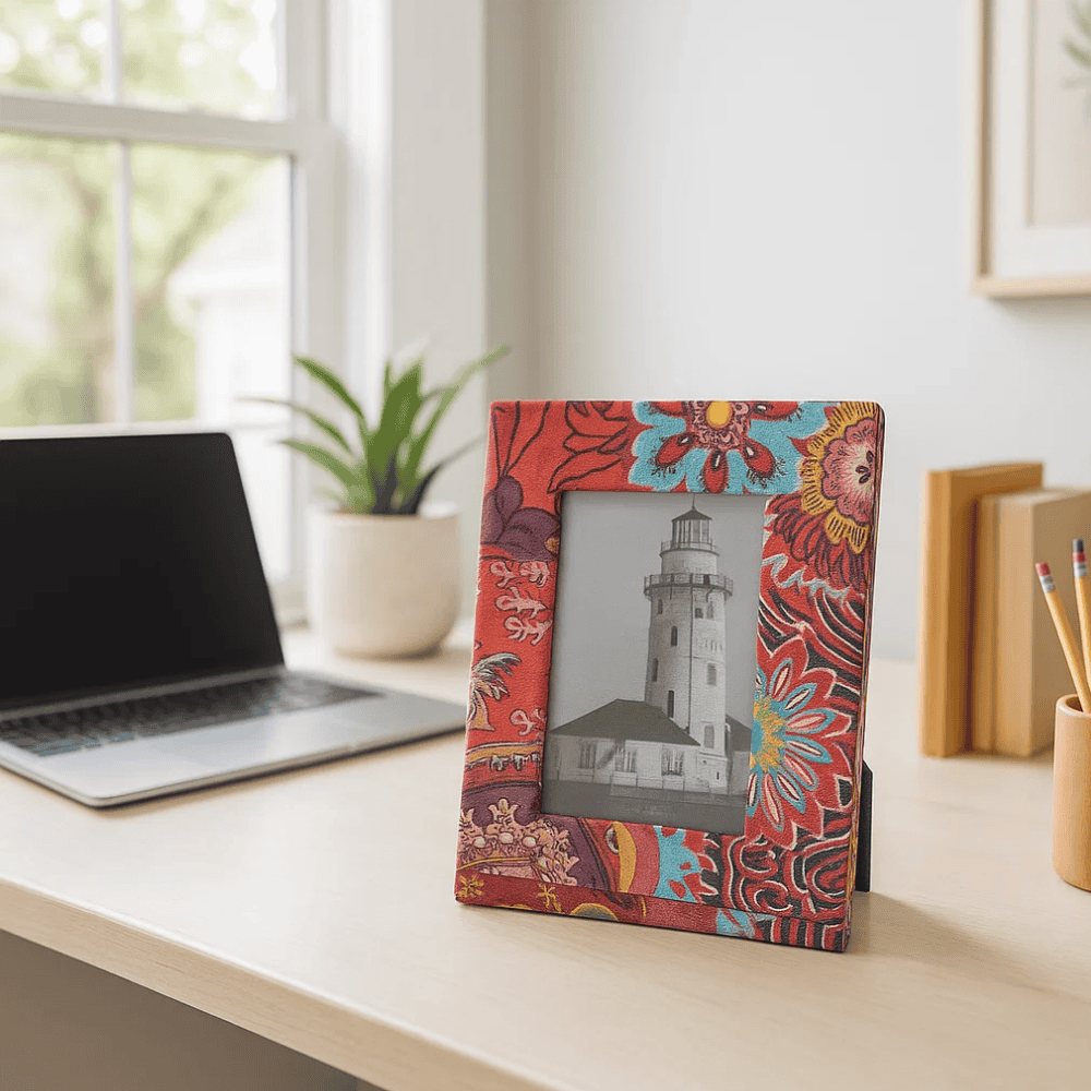 Front view of the floral fabric covered photo frame