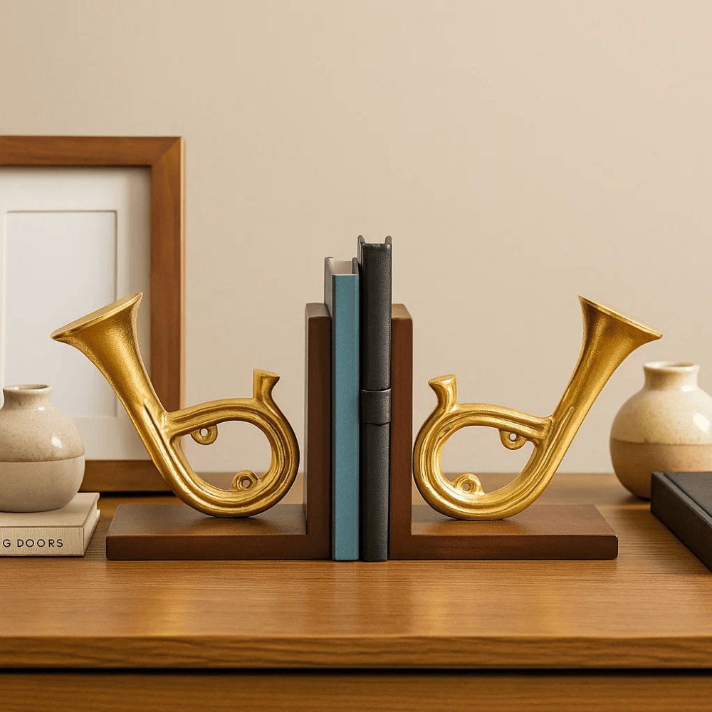 Saxophone bookends holding books