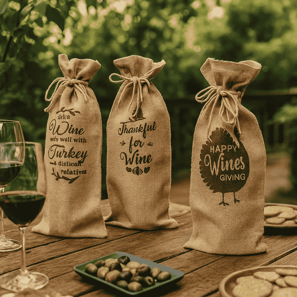 Drawstring Wine Bags | Typographic Jute Set of 3 Eco Gift Bags