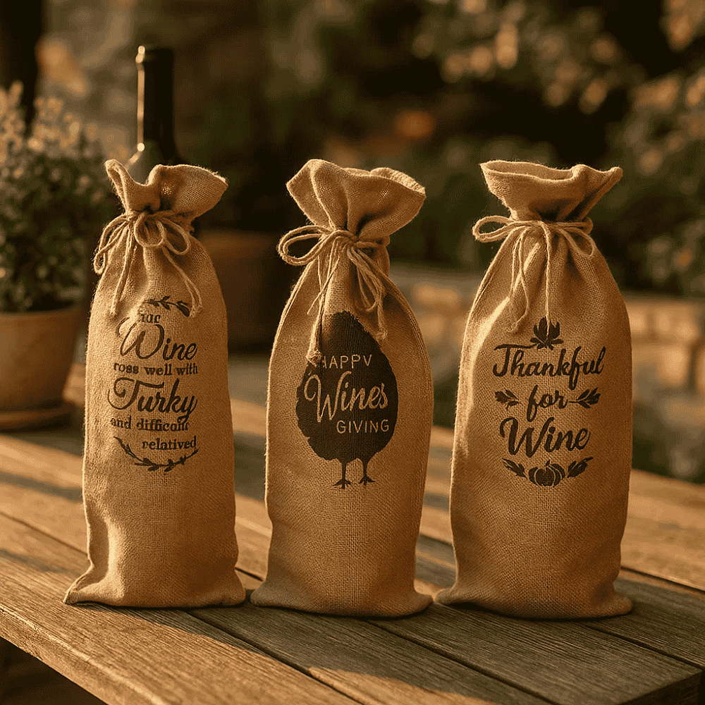 Drawstring wine bags close-up of typography