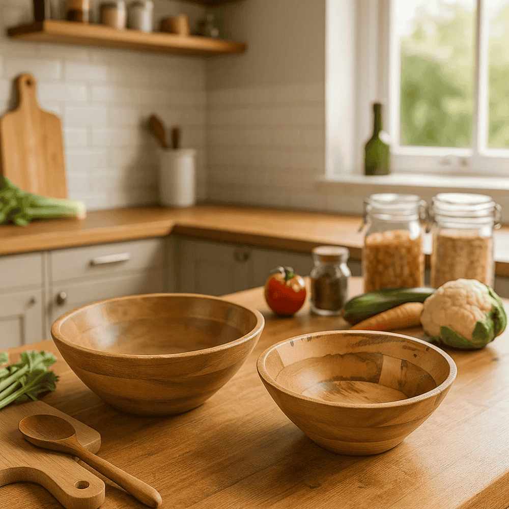 Mango wood salad bowls close-up of grain