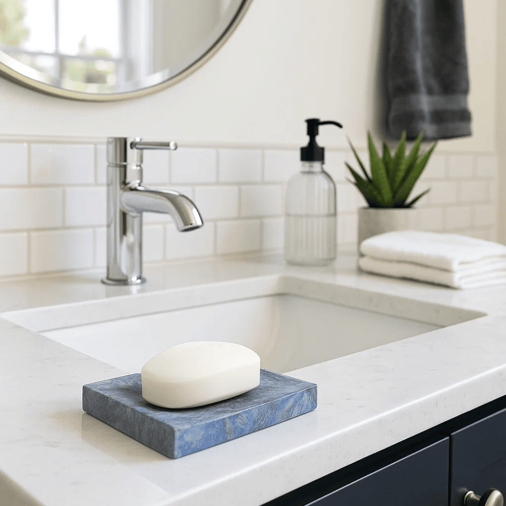 Stone soap dish on bathroom counter