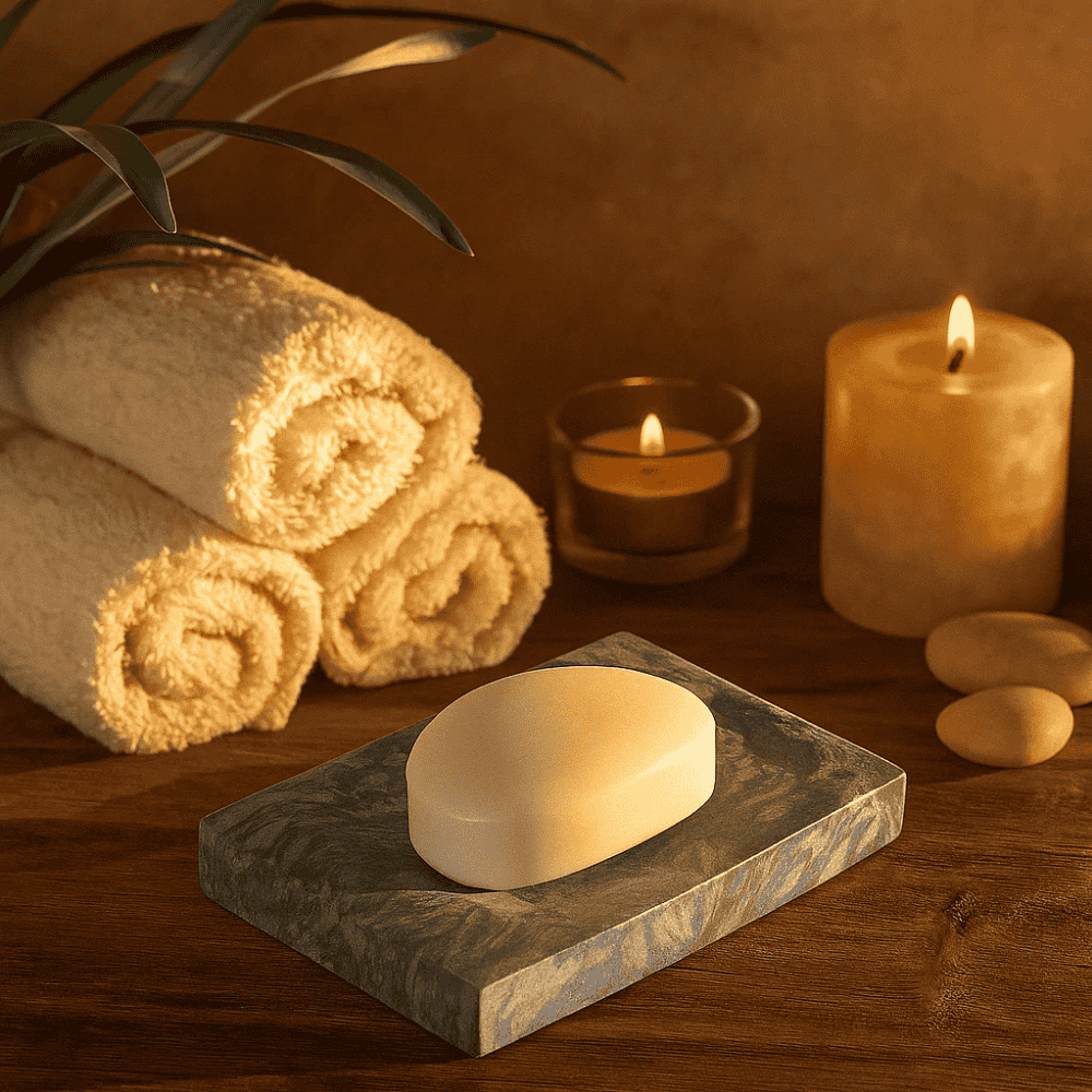 Textured stone soap dish with soap bar on top