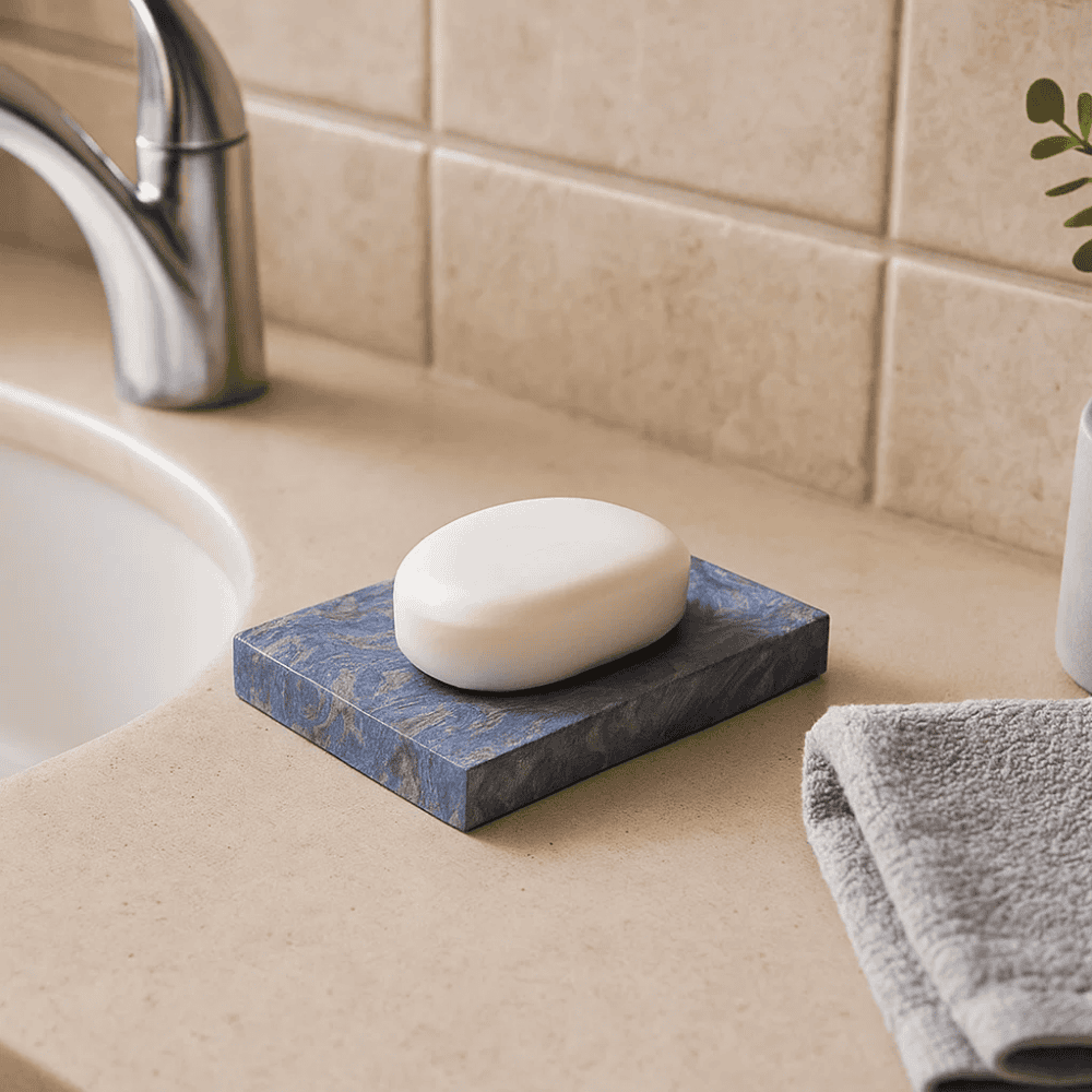 Natural stone soap dish in minimalist bathroom