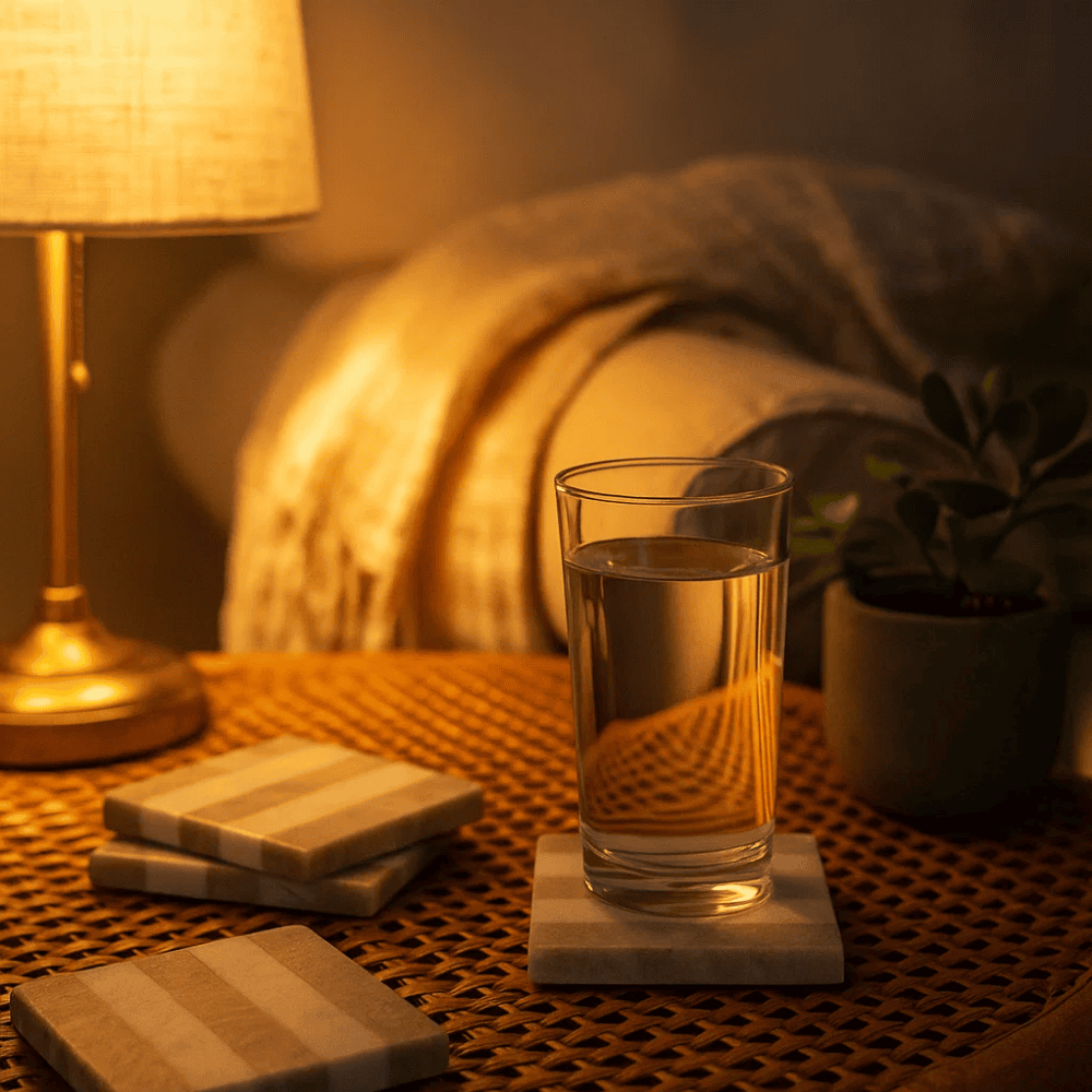 Striped marble coasters styled with a drink