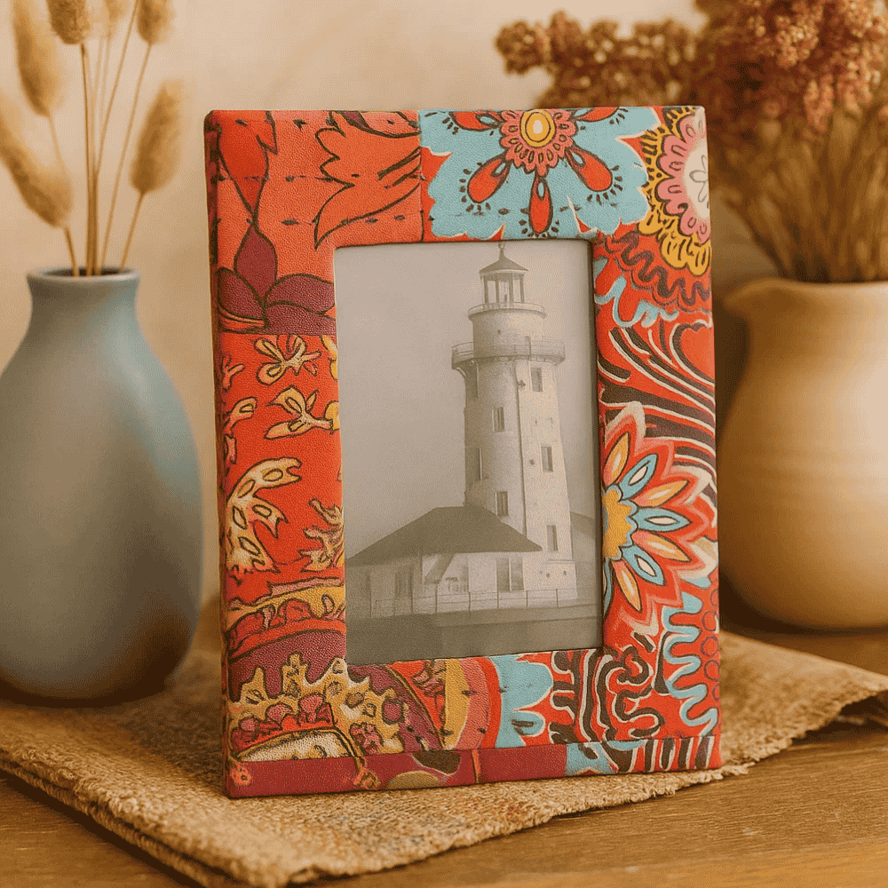 Photo frame shown standing on its support