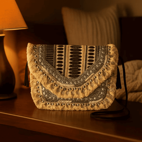Metallic Sequin Embellished & Fringed Sling Bag – Handcrafted Statement Bag