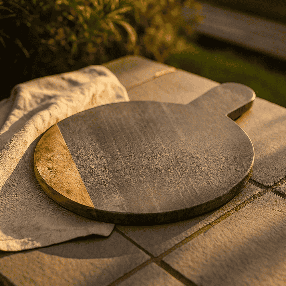 Paddle chopping board with food