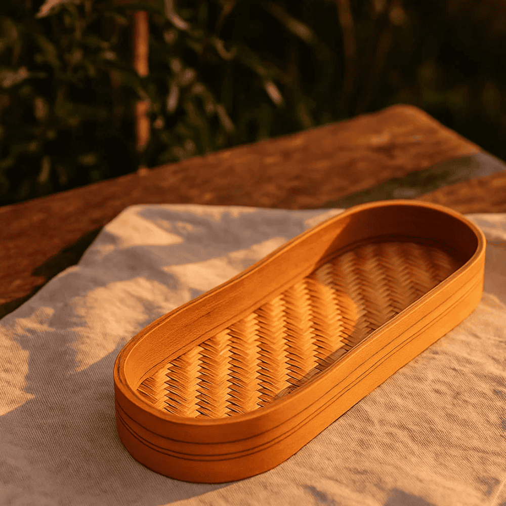 Bamboo serving tray orange finish detail