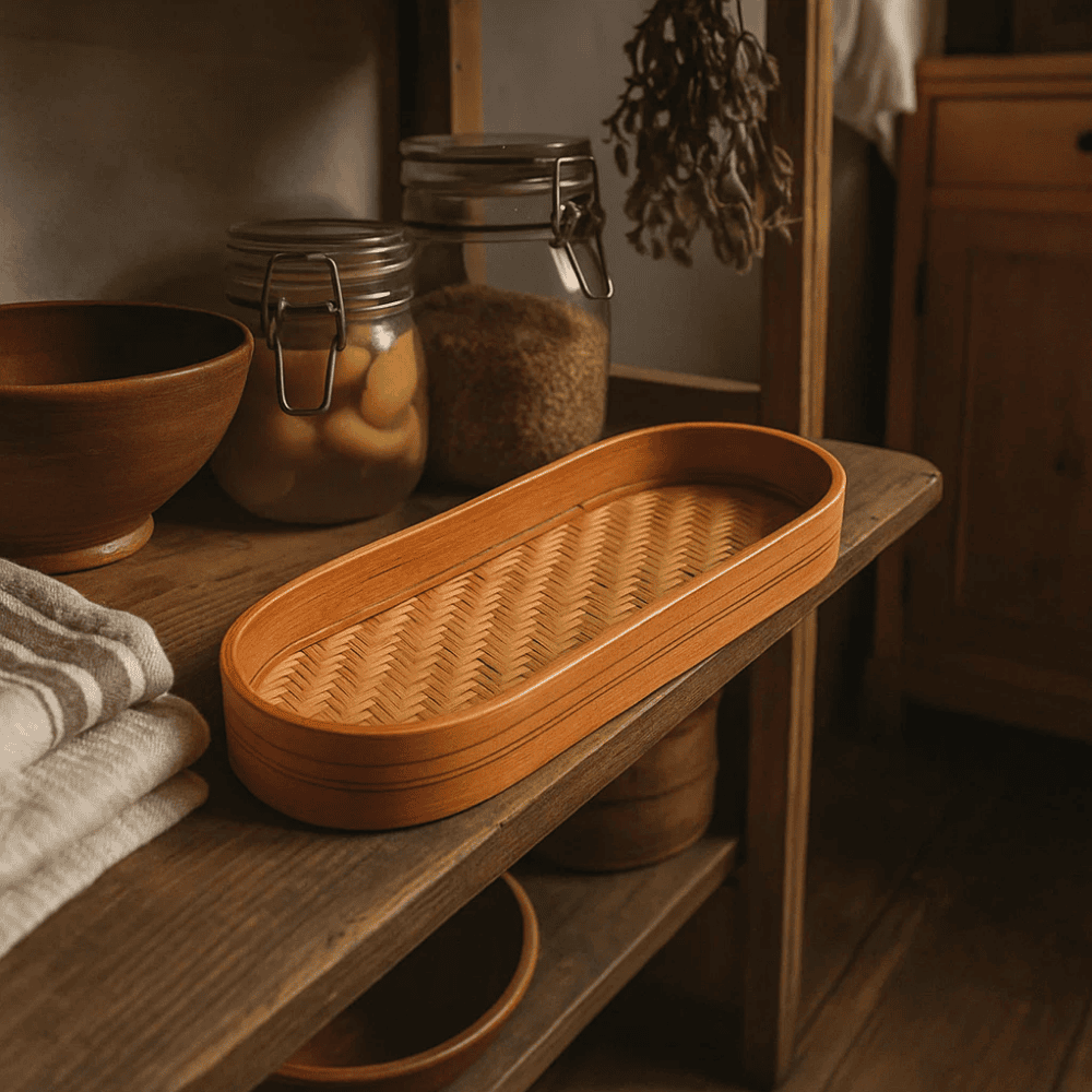 Bamboo serving tray styled with items