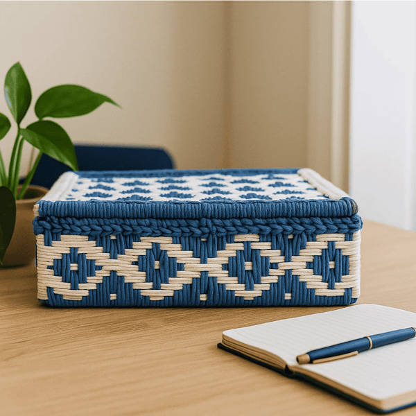 Recycled Cotton Beige & Blue Storage Box – Handwoven Decorative Organizer