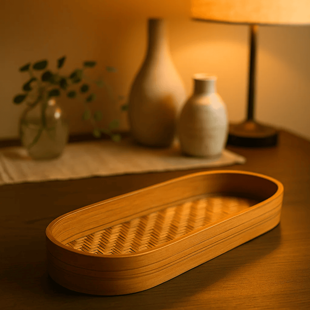 Bamboo serving tray at an angle