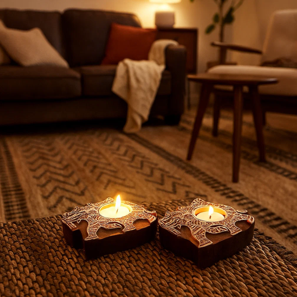 Hand Carved Wooden Elephant Tealight Holders (Set of 2) – Artisan Wooden Candle Holders with Elephant Motif