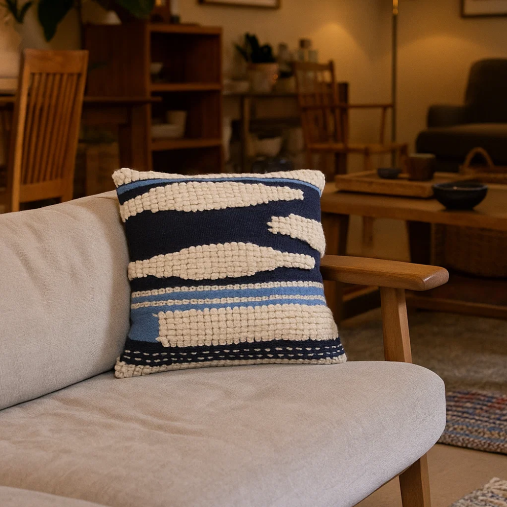 Aqua tufted cushion cover paired with other cushions