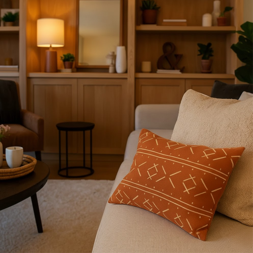 Tribal monochrome lumbar cushion cover paired with other cushions