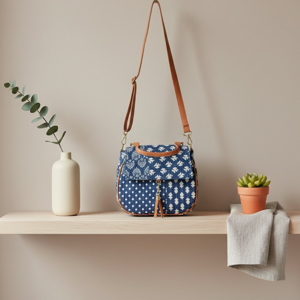 Floral Indigo Printed Handbag with Tassel – Artisan Cotton Handbag for Women