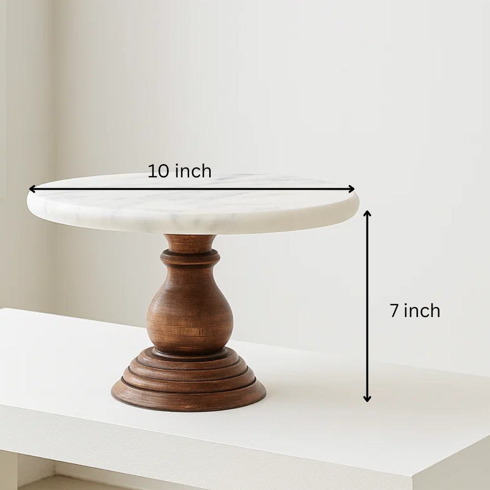 Marble mango wood cake stand styling shot with flowers