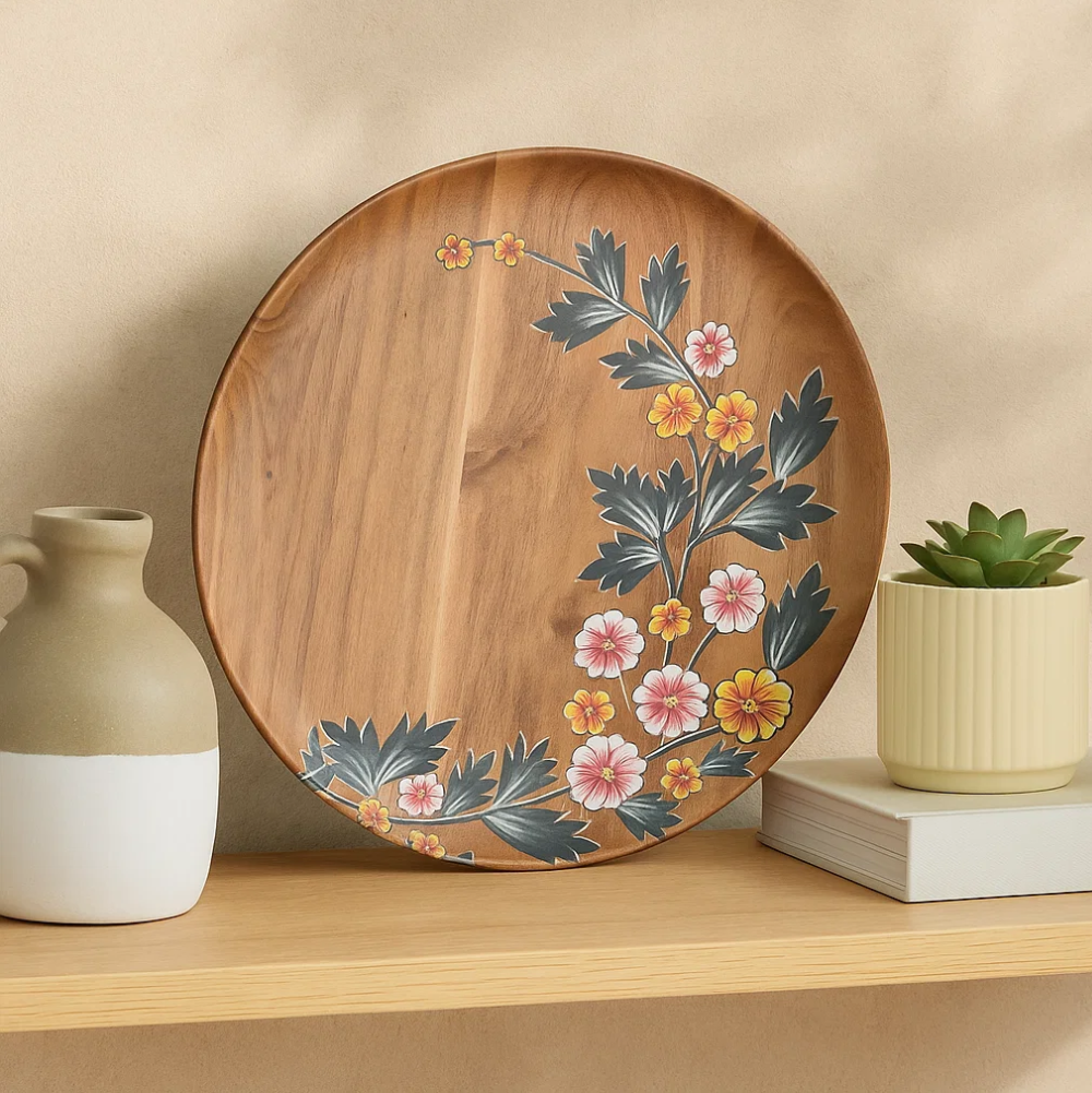 Floral acacia plate on shelf display