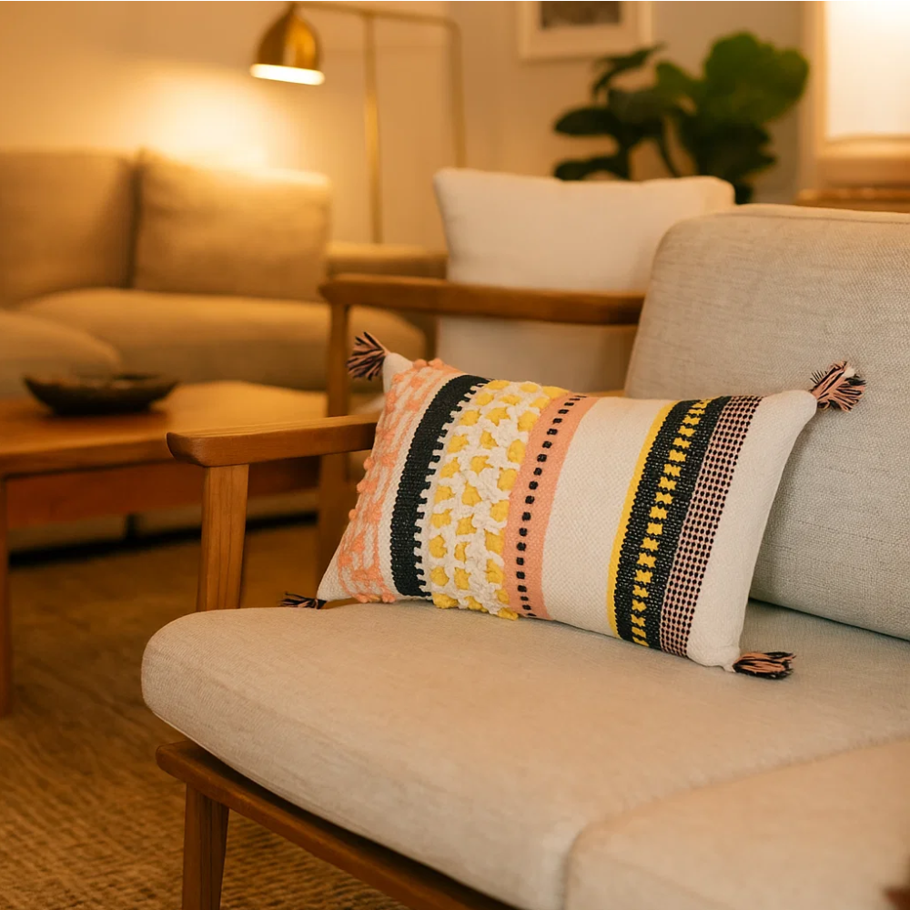 Striped tufted lumbar cushion cover detail of tufts