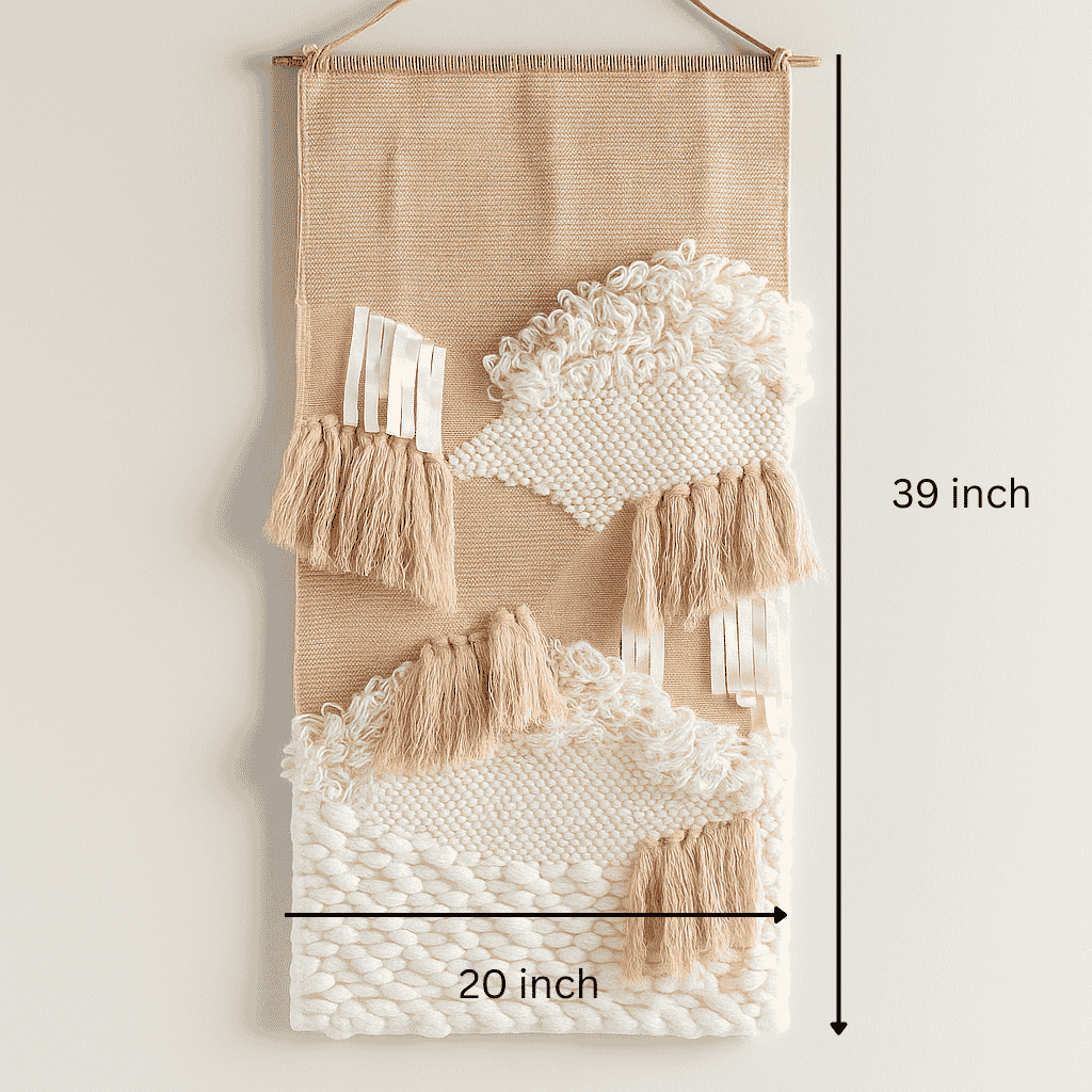 Earthy tufted wool wall hanging shown at an angle