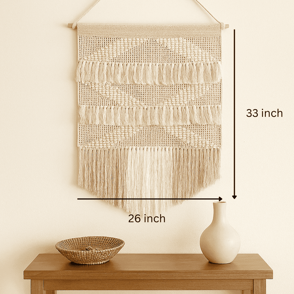 White and beige cotton wall hanging detail of layered combed fringe