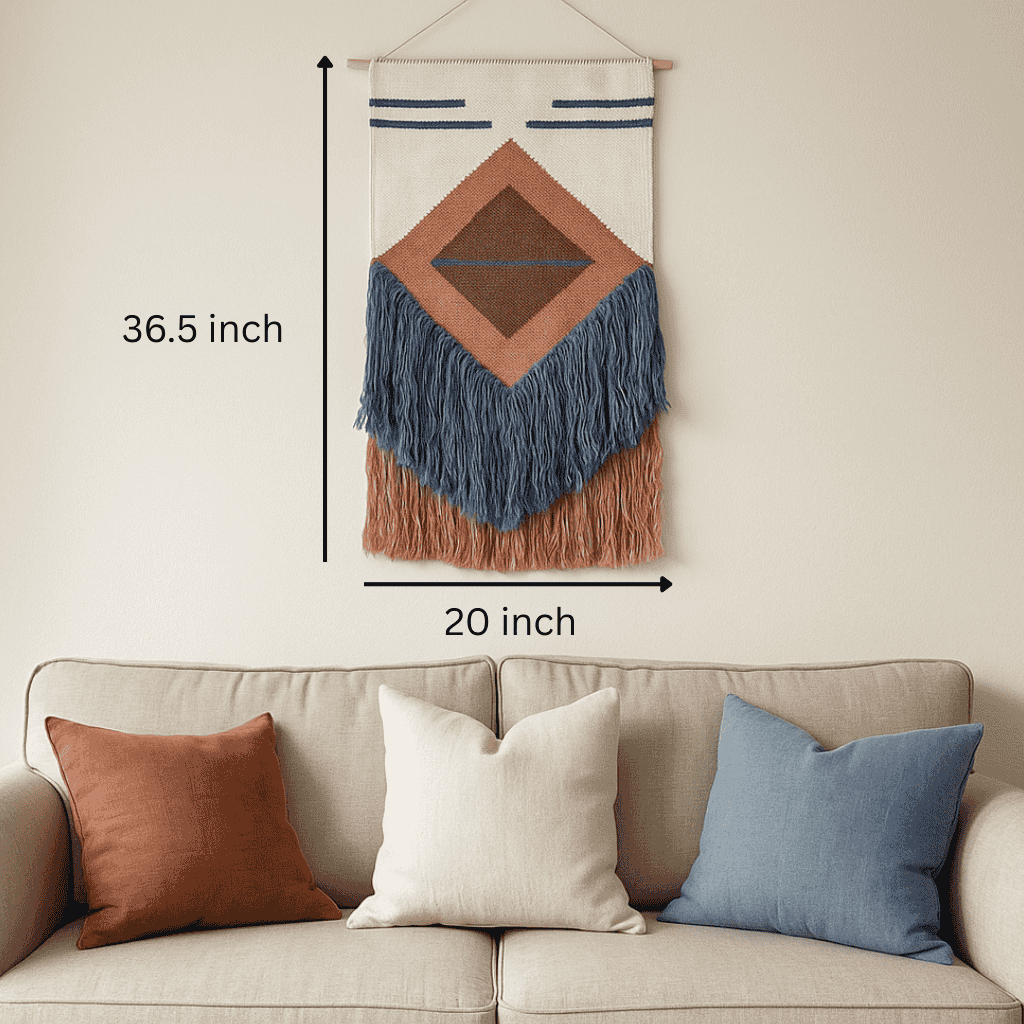 Two tone fringe wool wall hanging detail of pink and blue fringe