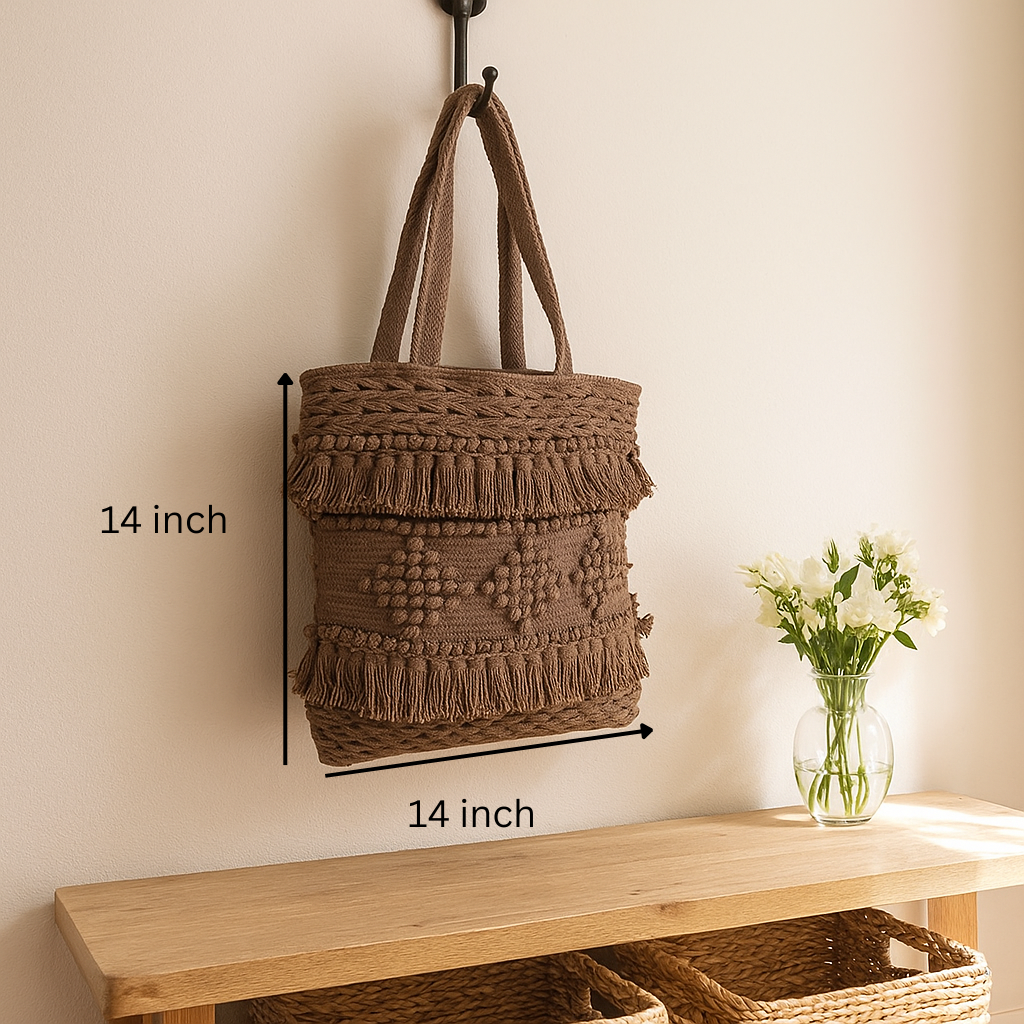 Cocoa tufted tote bag side view with tassel