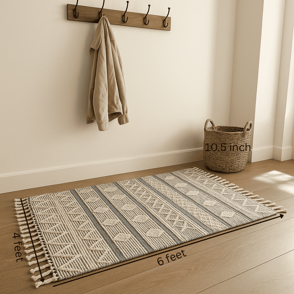 Angled view of the tufted and handwoven cotton rug