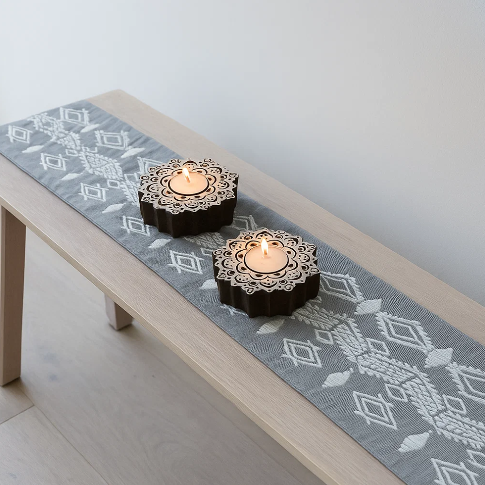 Wooden mandala holders styled on shelf
