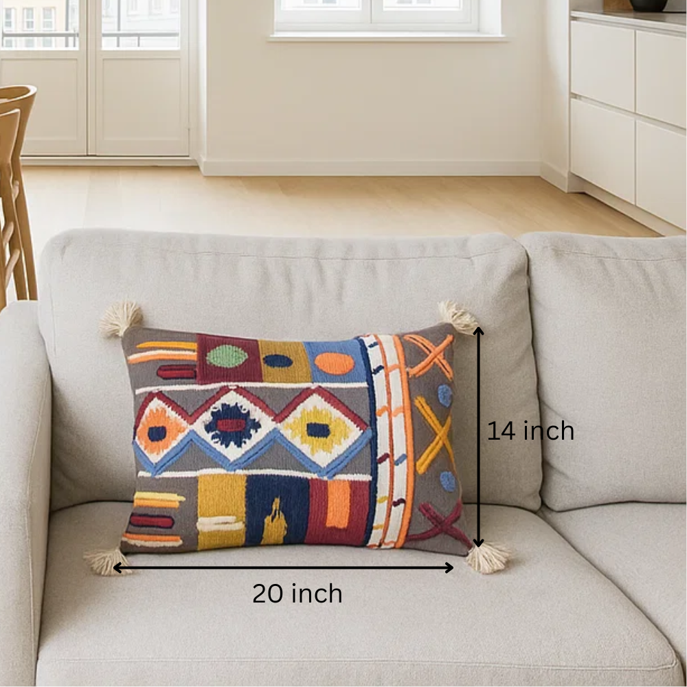 Embroidered tasseled lumbar cushion cover concealed zip detail