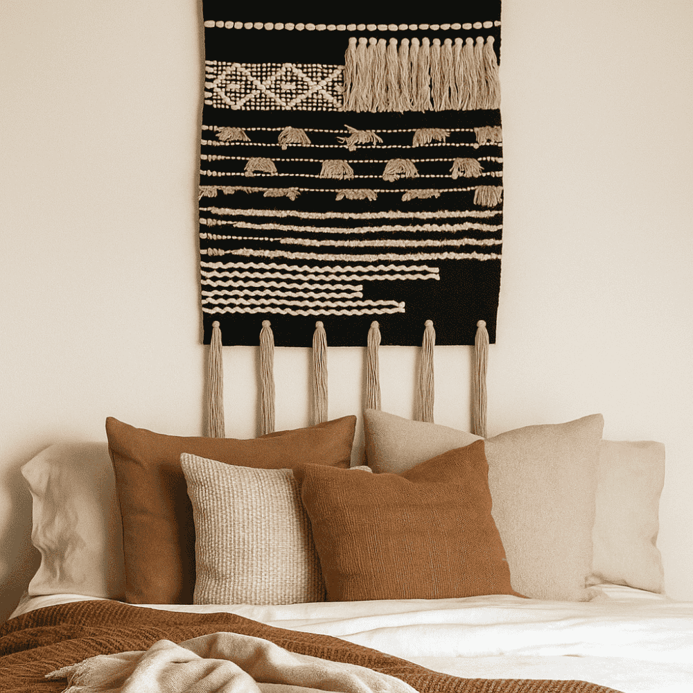 Textured cotton tassel wall hanging shown over a sofa setting