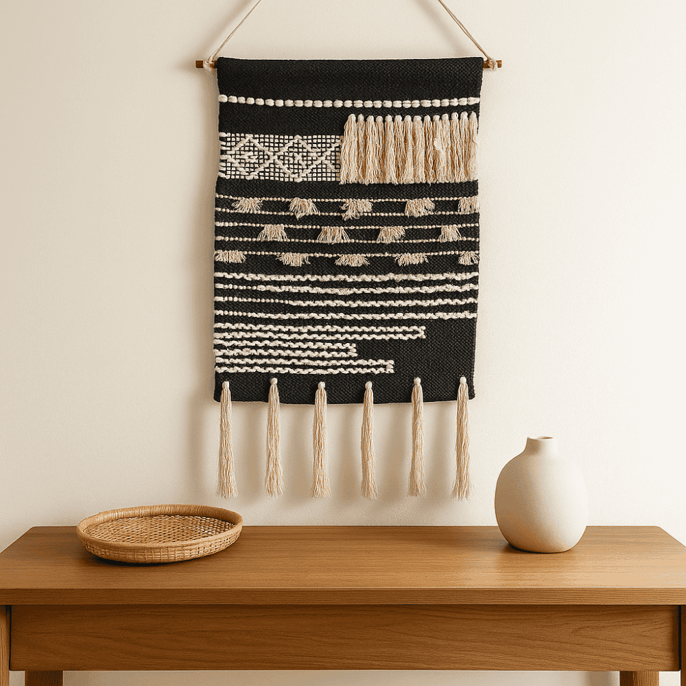 Textured cotton tassel wall hanging close-up showing dimensional weave