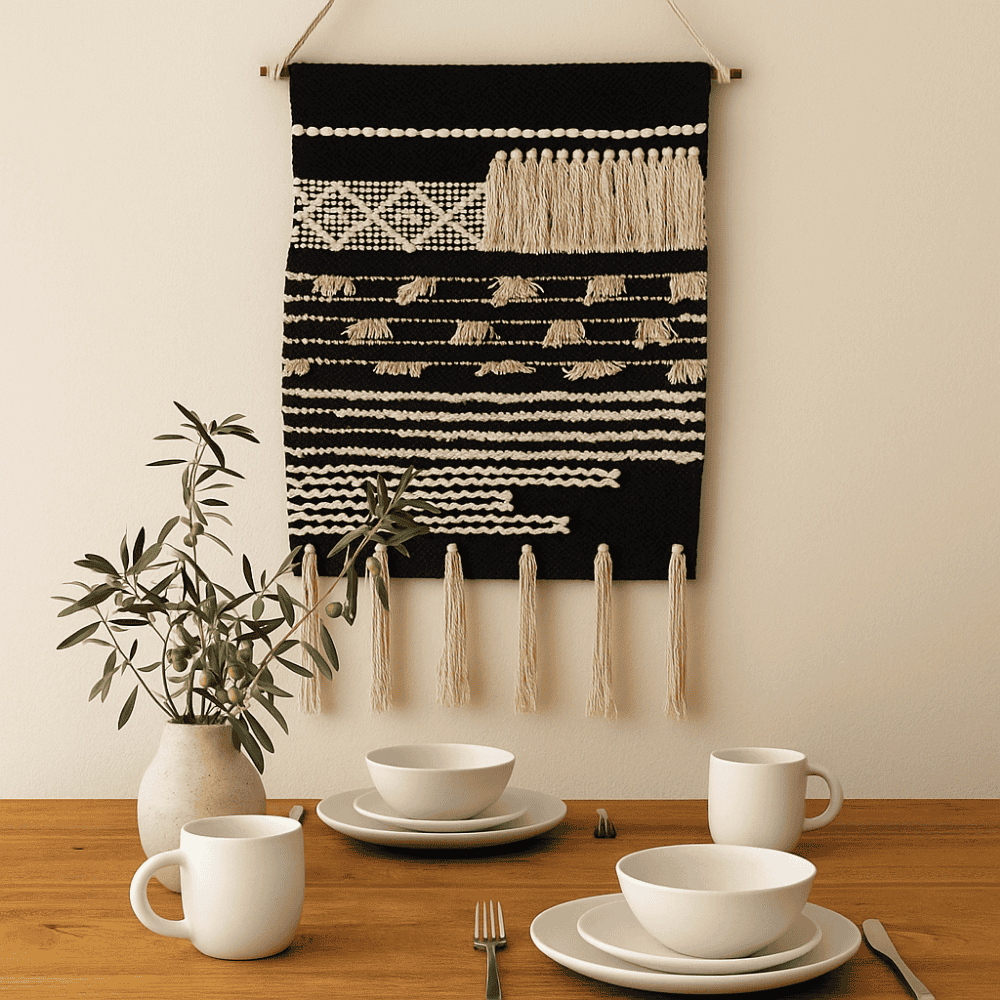 Textured cotton tassel wall hanging detail of hand-tied tassels