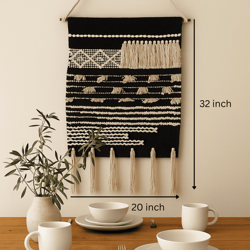 Textured cotton tassel wall hanging shown at an angle for depth