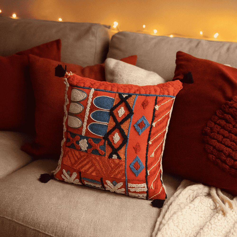 Abstract Embroidered & Tasseled Tangerine Cushion Cover