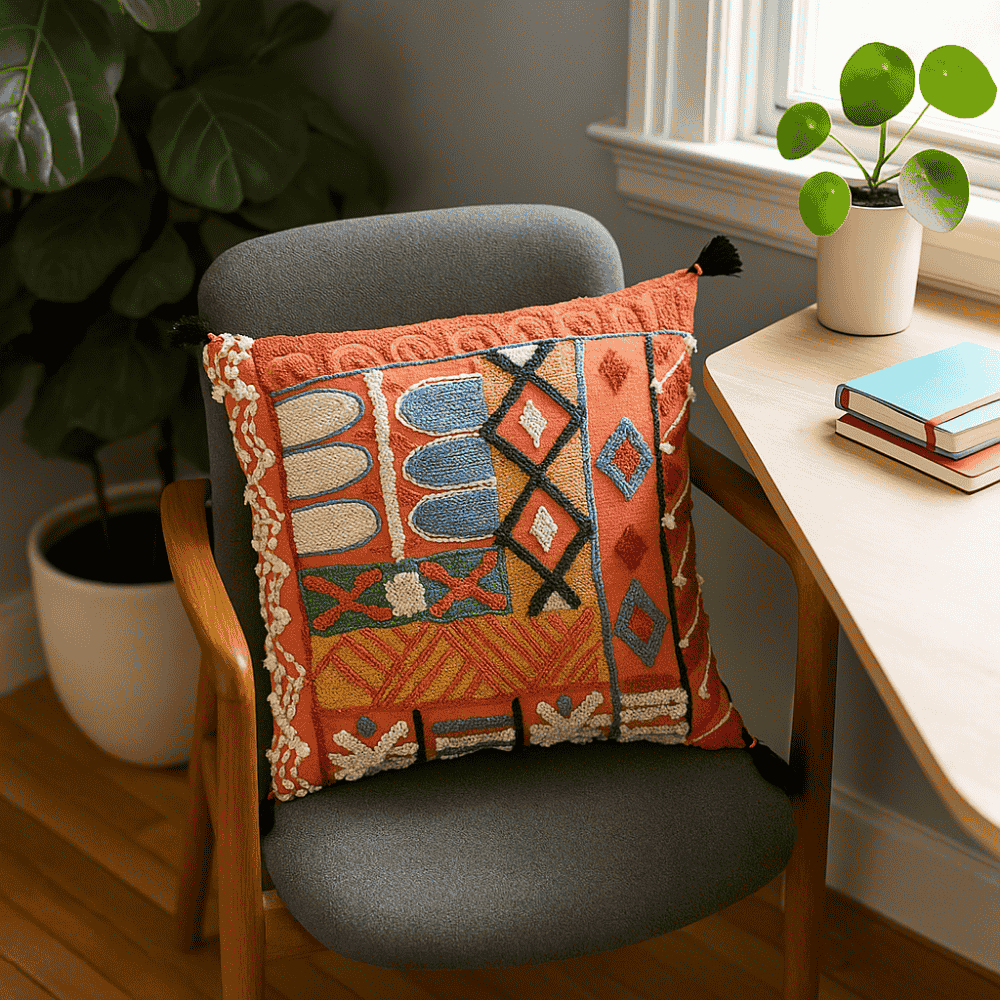Tangerine embroidered cushion cover close-up of abstract embroidery