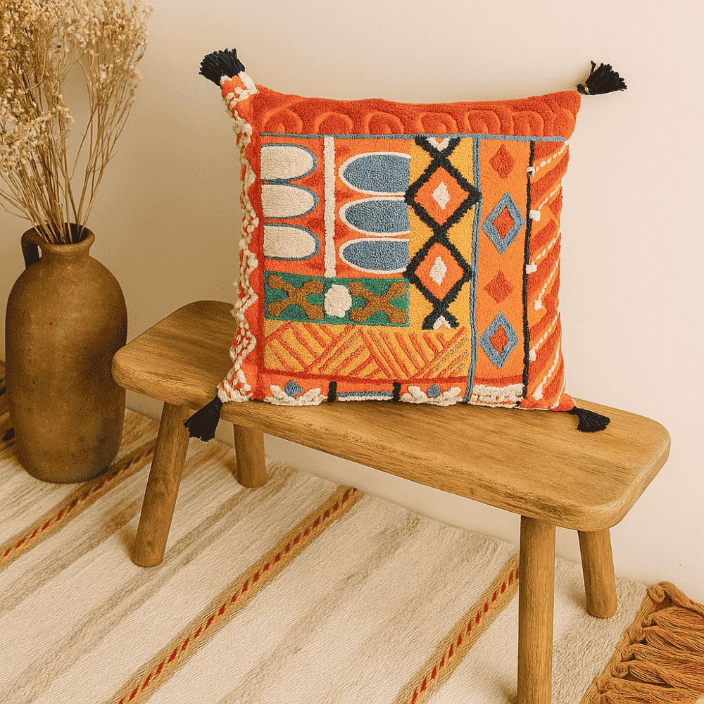 Tangerine embroidered cushion cover styled on a sofa