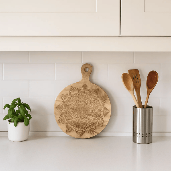 Engraved Chopping Board | Floral Motif Wooden Rustic Kitchen