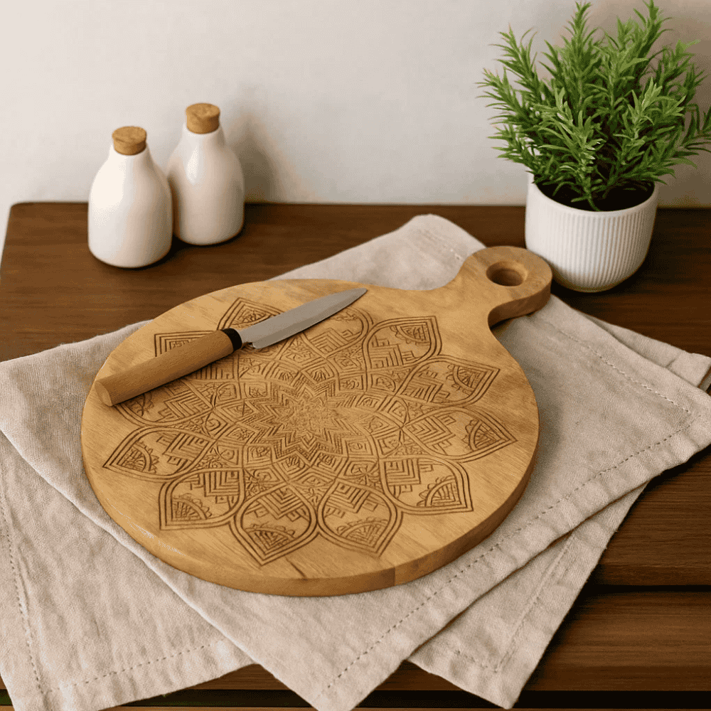 Engraved chopping board floral motif detail
