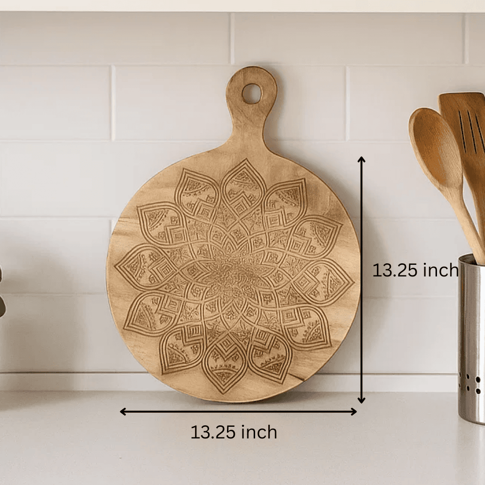 Engraved chopping board with food