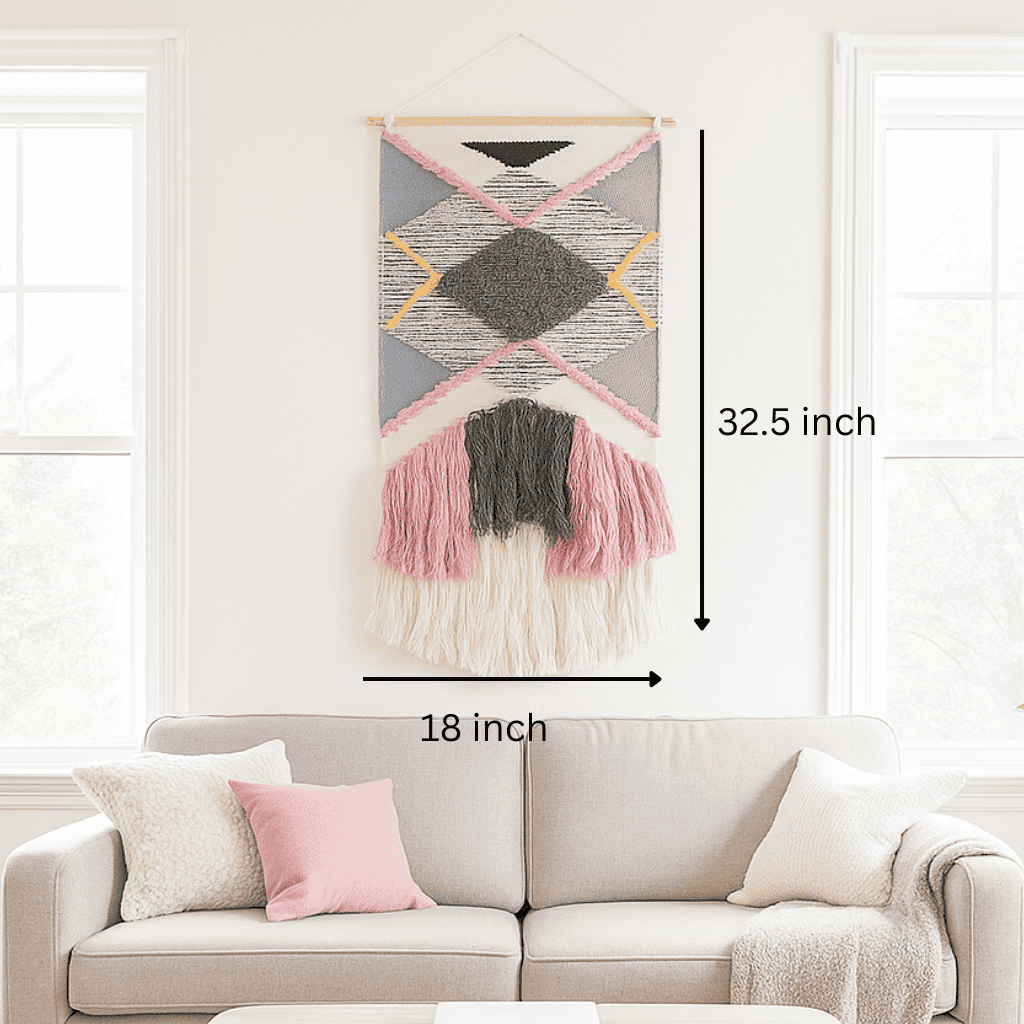 Pink tufted wool wall hanging above a bed