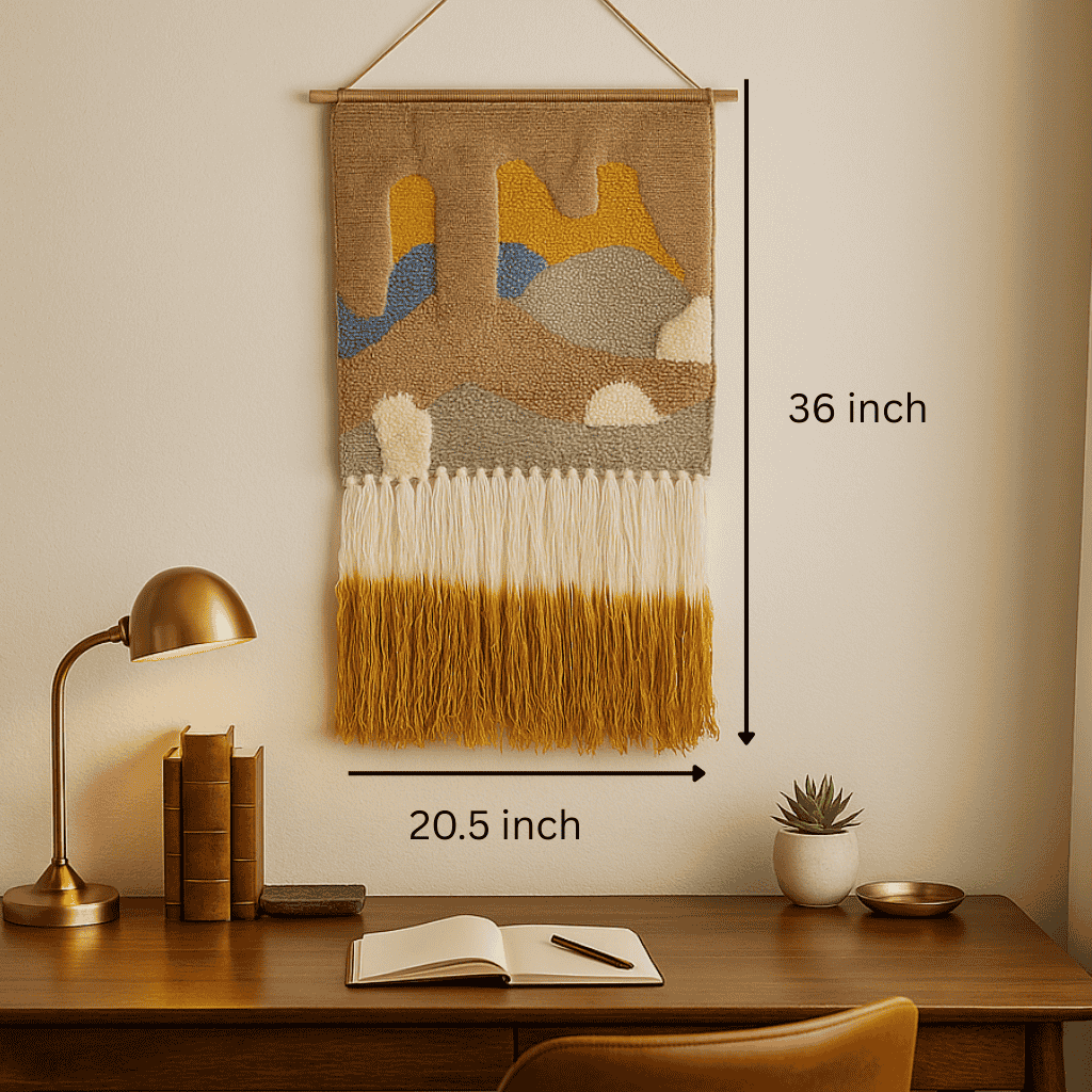 Graded ombre wool wall hanging on a plain wall